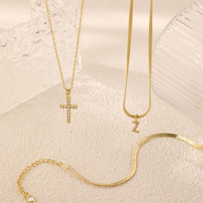 3-delige 14k Diamant-Accenten Initiaal & Kruis Kettingenset