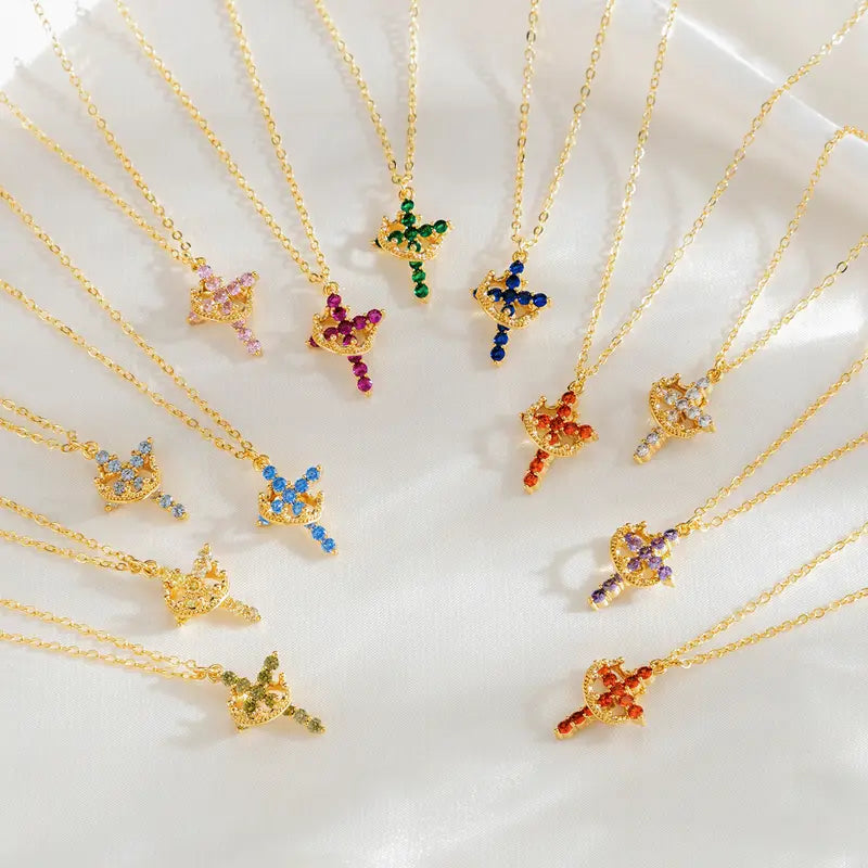 Fijne Geboortesteen Kruis & Kroon Ketting