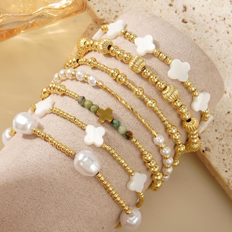 7-delige Fijne Gouden & Parel Armbandenset