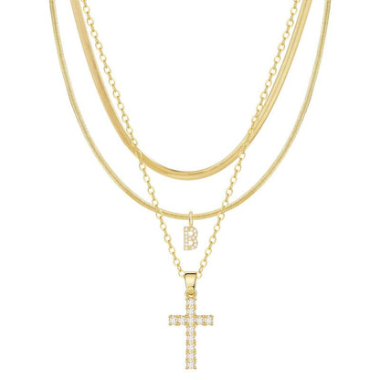 3-delige 14k Diamant-Accenten Initiaal & Kruis Kettingenset