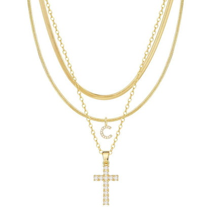 3-delige 14k Diamant-Accenten Initiaal & Kruis Kettingenset