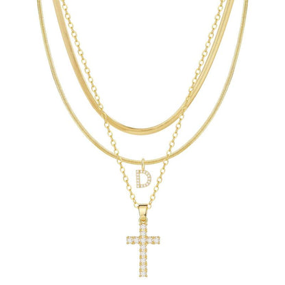 3-delige 14k Diamant-Accenten Initiaal & Kruis Kettingenset