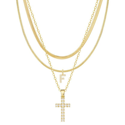 3-delige 14k Diamant-Accenten Initiaal & Kruis Kettingenset