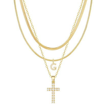 3-delige 14k Diamant-Accenten Initiaal & Kruis Kettingenset