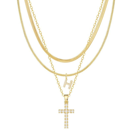 3-delige 14k Diamant-Accenten Initiaal & Kruis Kettingenset