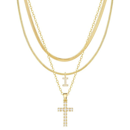 3-delige 14k Diamant-Accenten Initiaal & Kruis Kettingenset