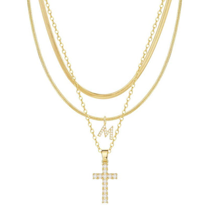 3-delige 14k Diamant-Accenten Initiaal & Kruis Kettingenset