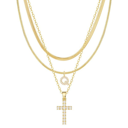 3-delige 14k Diamant-Accenten Initiaal & Kruis Kettingenset
