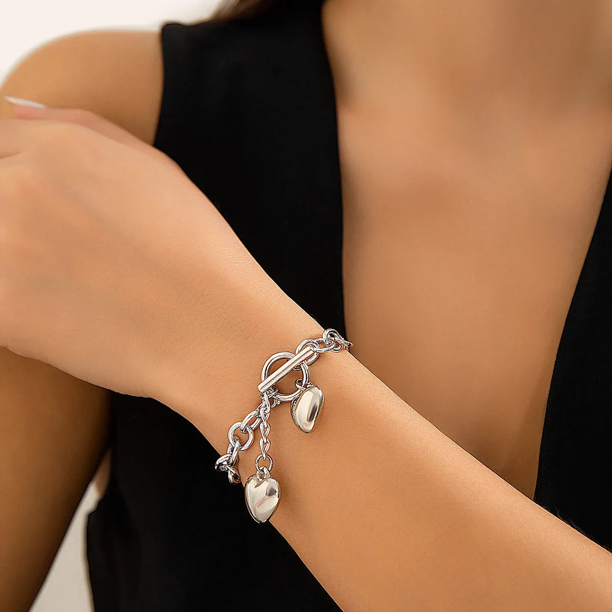 Chunky Chain Link Dual Heart Lariat Ketting & Armband