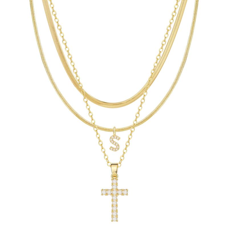 3-delige 14k Diamant-Accenten Initiaal & Kruis Kettingenset