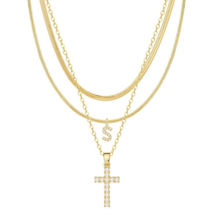 3-delige 14k Diamant-Accenten Initiaal & Kruis Kettingenset