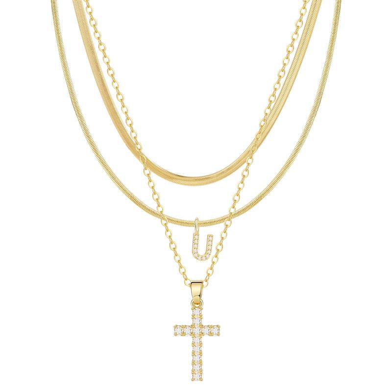 3-delige 14k Diamant-Accenten Initiaal & Kruis Kettingenset