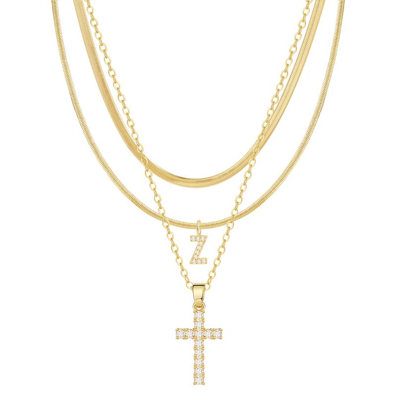 3-delige 14k Diamant-Accenten Initiaal & Kruis Kettingenset