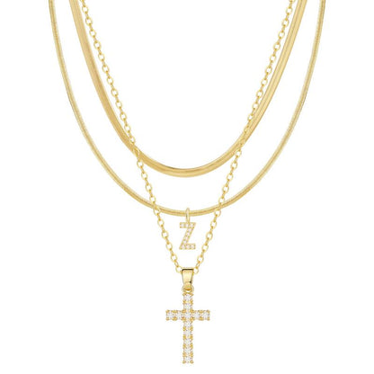 3-delige 14k Diamant-Accenten Initiaal & Kruis Kettingenset