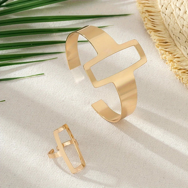 Verstelbare Geometrische Rechthoekige Armband en Ring Set