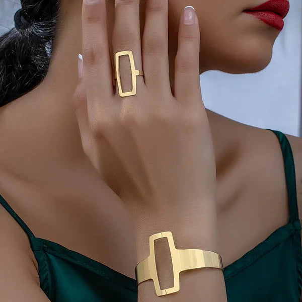 Verstelbare Geometrische Rechthoekige Armband en Ring Set
