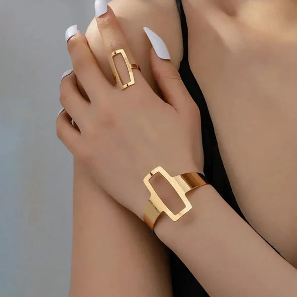 Verstelbare Geometrische Rechthoekige Armband en Ring Set