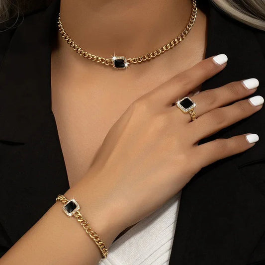 Cuban Vierkante Diamant Ketting-, Armband- en Ringenset