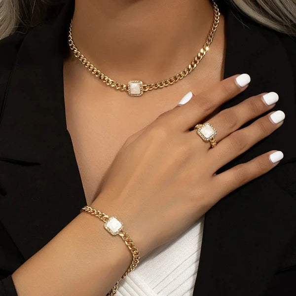 Cuban Vierkante Diamant Ketting-, Armband- en Ringenset