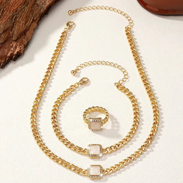 Cuban Vierkante Diamant Ketting-, Armband- en Ringenset