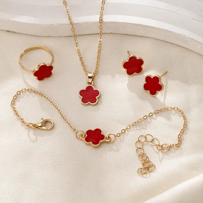 Fijne Geluksbloem Klaver Ketting-, Armband-, Oorbellen- en Ringenset