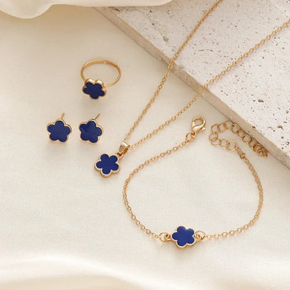 Fijne Geluksbloem Klaver Ketting-, Armband-, Oorbellen- en Ringenset